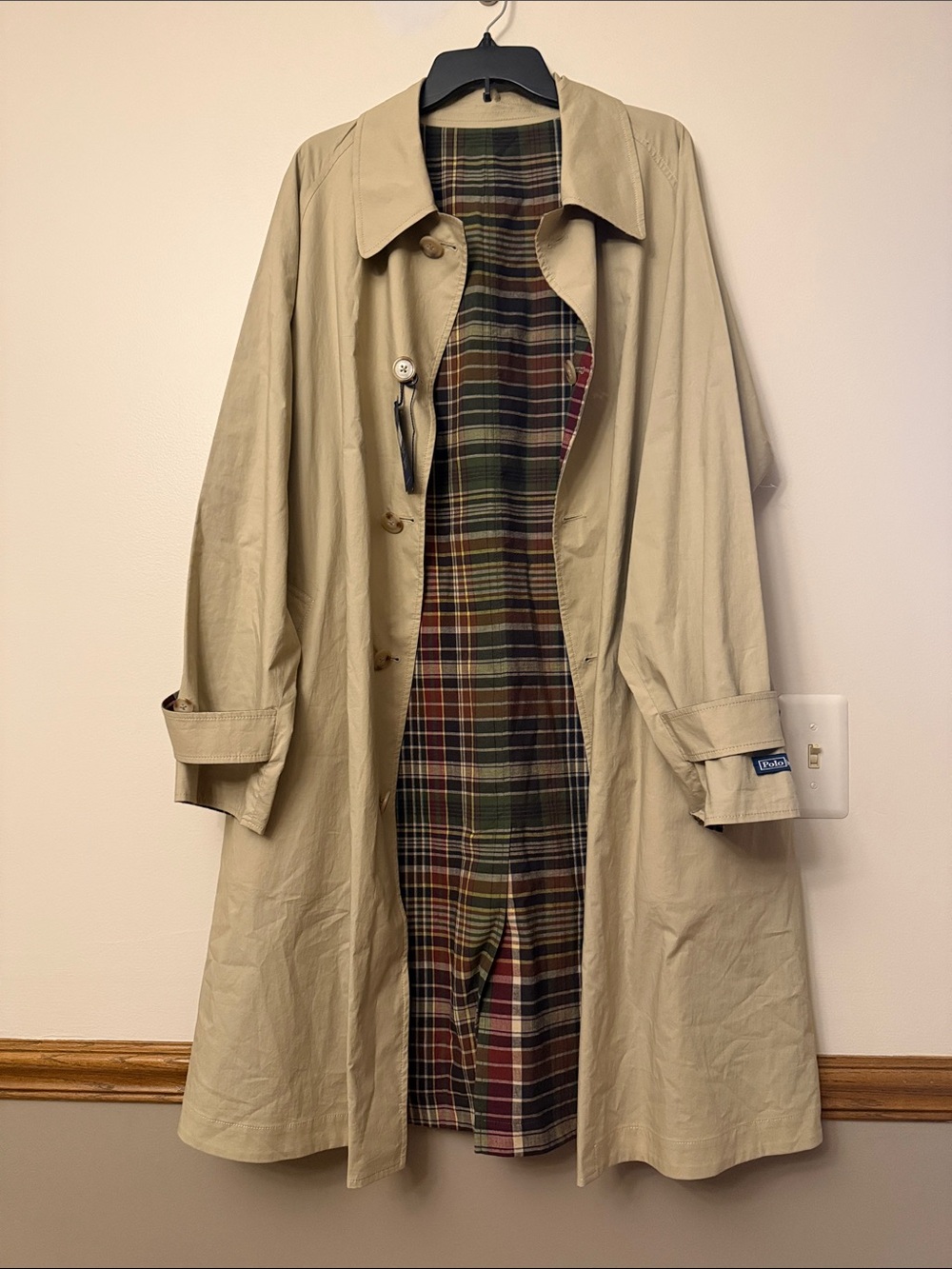 Vintage Polo by Ralph Lauren reversible khaki and plaid mac/trench coat.